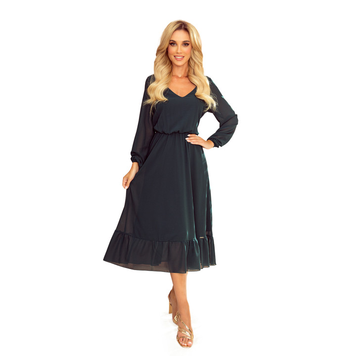 Šifonové midi šaty s výstřihem a volánkem – BOTEVÁ ZELENÁ