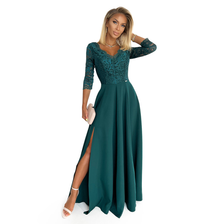 AMBER elegantní krajkové dlouhé šaty s výstřihem - BOTEVÁ ZELENÁ