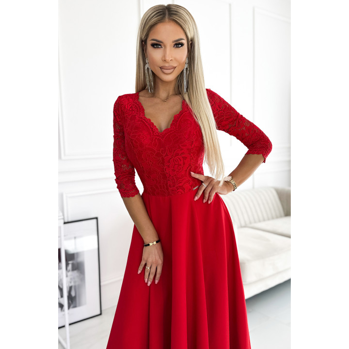 AMBER krajkové elegantní dlouhé šaty s výstřihem a rozparkem - ČERVENÉ