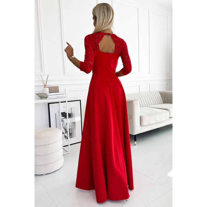 AMBER krajkové elegantní dlouhé šaty s výstřihem a rozparkem - ČERVENÉ