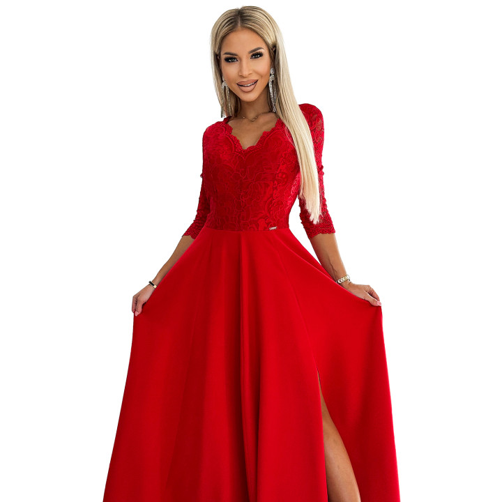 AMBER elegantní dlouhé krajkové šaty s výstřihem a rozparkem na noze - ČERVENÉ