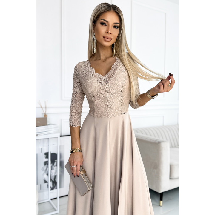 AMBER elegantní dlouhé krajkové šaty s výstřihem a rozparkem na noze - BEŽOVÁ