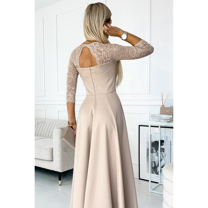 AMBER elegantní dlouhé krajkové šaty s výstřihem a rozparkem na noze - BEŽOVÁ