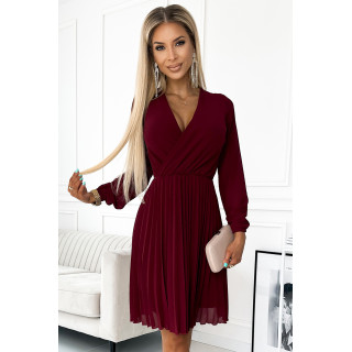 ISABELLE Plisovaná sukienka z długim rękawem i dekoltem - kolor BORDOWY
