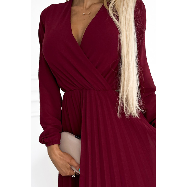 ISABELLE Plisovaná sukienka z długim rękawem i dekoltem - kolor BORDOWY