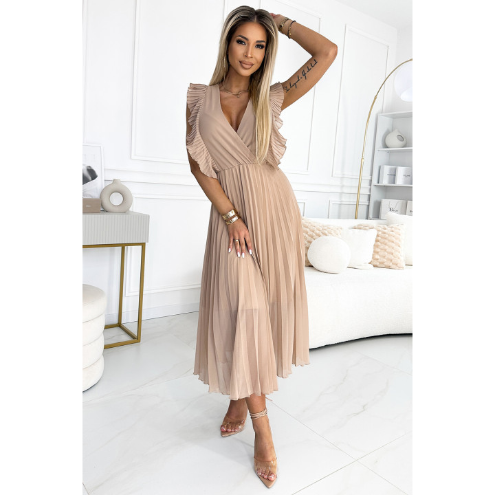 EMILY Plisovaná sukně s volánky na ramenou a výstřihem - BEŽOVÁ