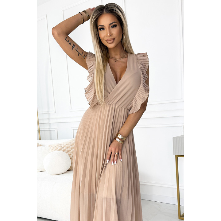 EMILY Plisovaná sukně s volánky na ramenou a výstřihem - BEŽOVÁ