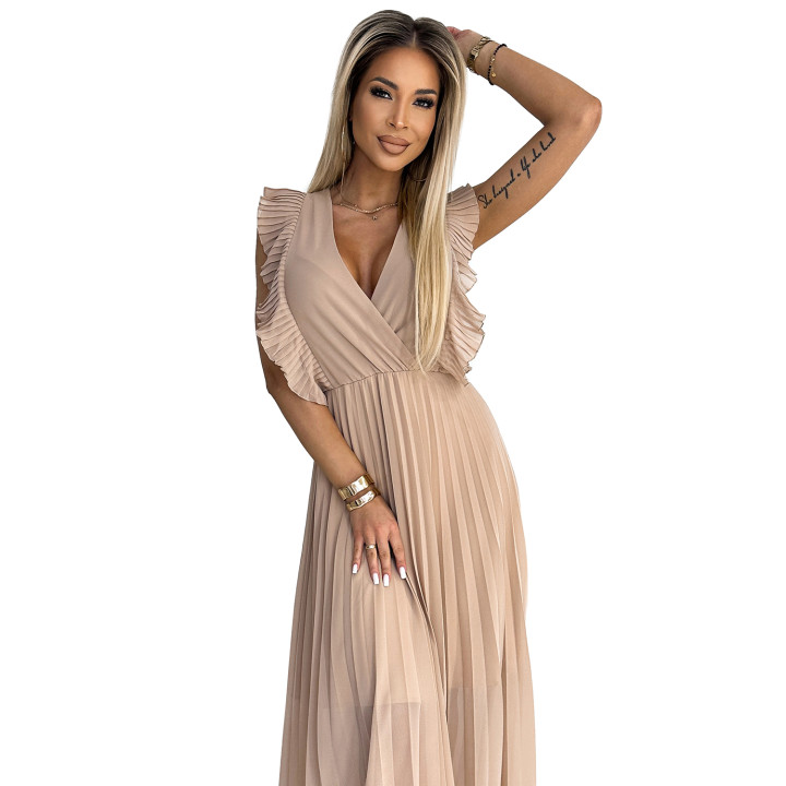 EMILY Plisovaná sukně s volánky na ramenou a výstřihem - BEŽOVÁ