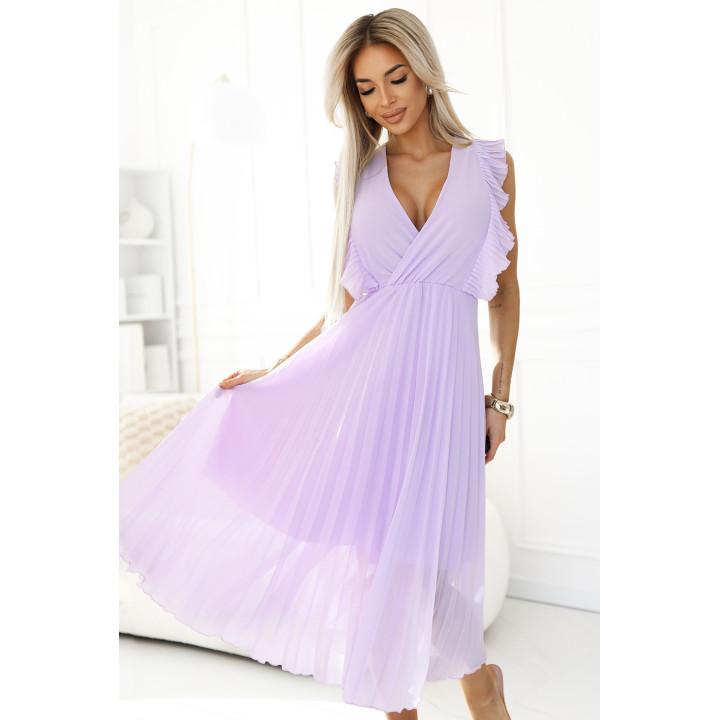 EMILY Plisovaná sukienka z falbankami i dekoltem - barva WRZOSOWY