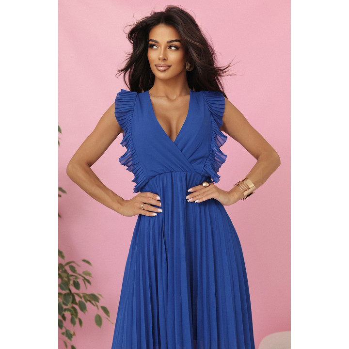 EMILY Plisovaná sukienka z falbankami i dekoltem - barva CHABROWY