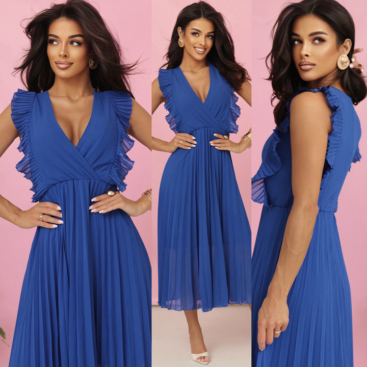 EMILY Plisovaná sukienka z falbankami i dekoltem - barva CHABROWY