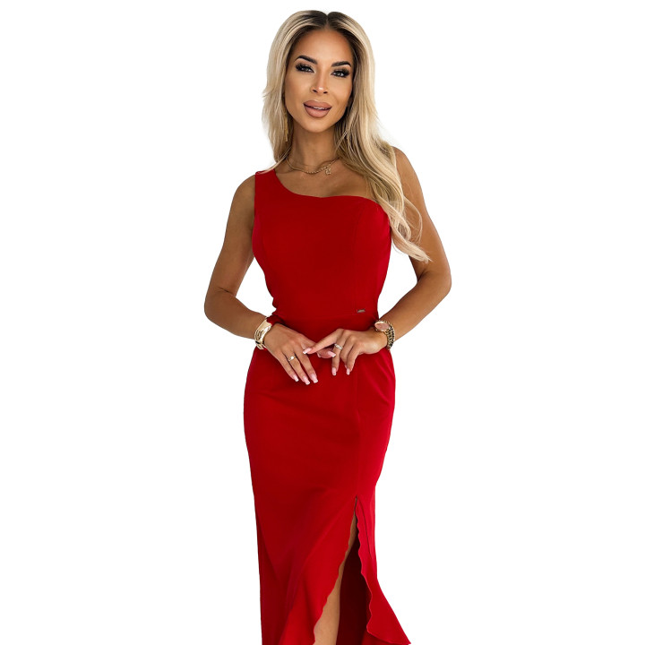 Dlouhé šaty s jedním ramenem - ČERVENÉ