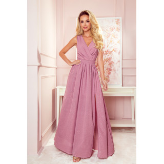JUSTINE Dlouhé šaty s výstřihem a zavazováním - PUDROVÁ RŮŽOVÁ S BROKÁTEM