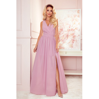 JUSTINE Dlouhé šaty s výstřihem a zavazováním - PUDROVĚ RŮŽOVÁ