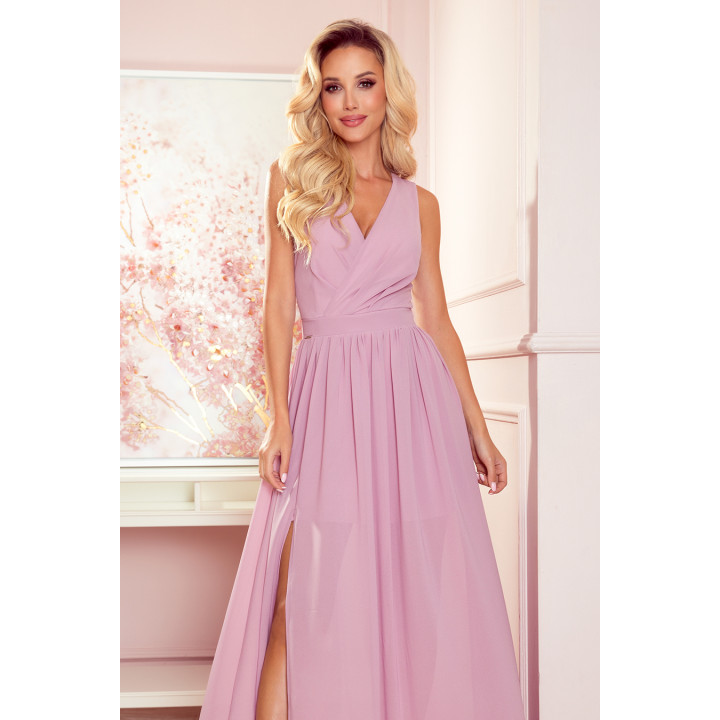 JUSTINE Dlouhé šaty s výstřihem a zavazováním - PUDROVĚ RŮŽOVÁ