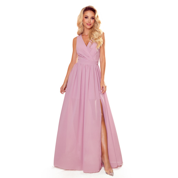 JUSTINE Dlouhé šaty s výstřihem a zavazováním - PUDROVĚ RŮŽOVÁ