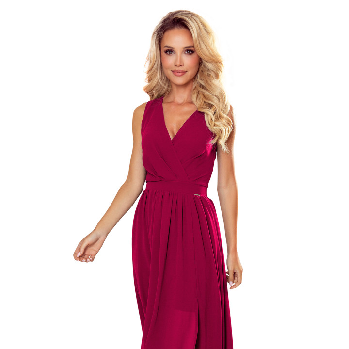 JUSTINE Dlouhé šaty s výstřihem a zavazováním - BORDOVÉ