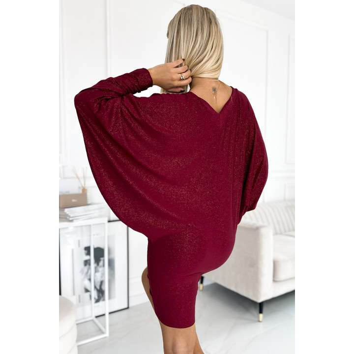 Netopýří šaty s výstřihem - vínově červené s třpytkami
