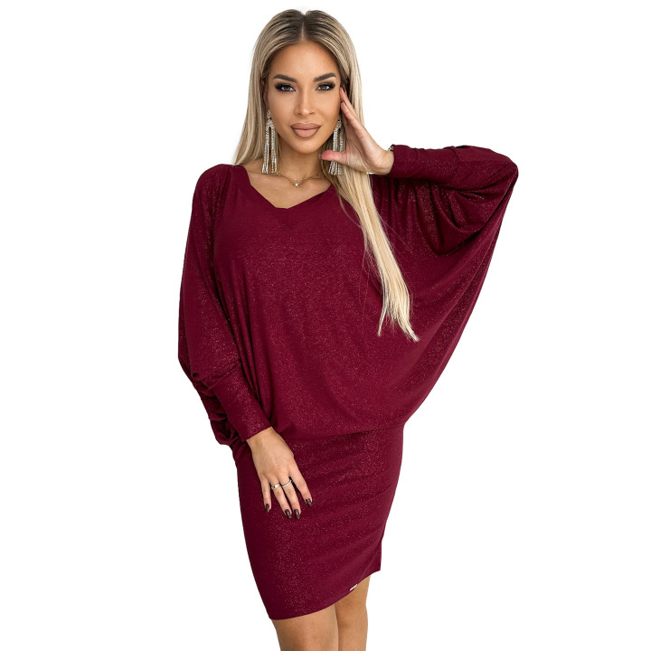 Netopýří šaty s výstřihem - vínově červené s třpytkami